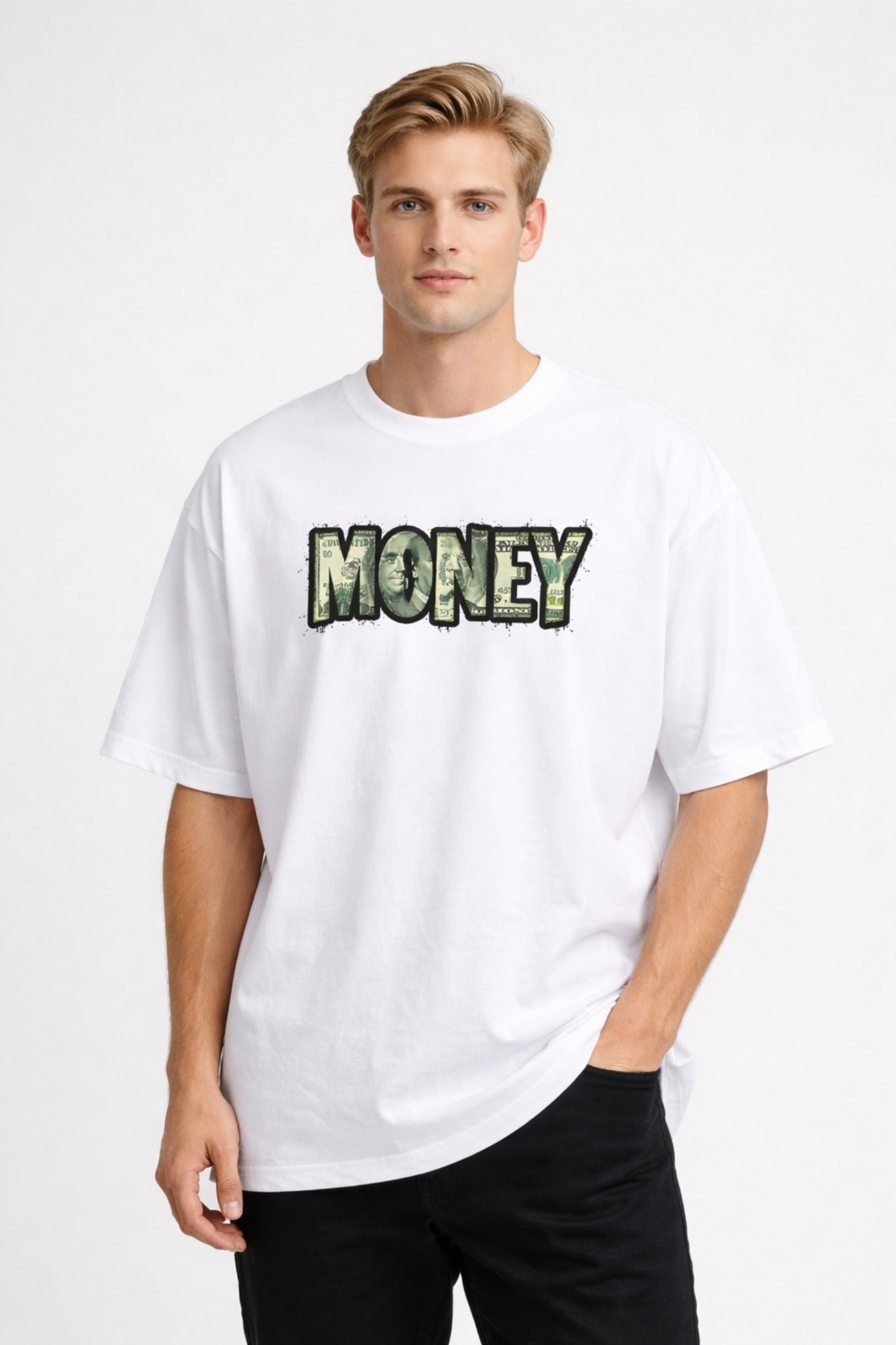 Men White Money Print Tees